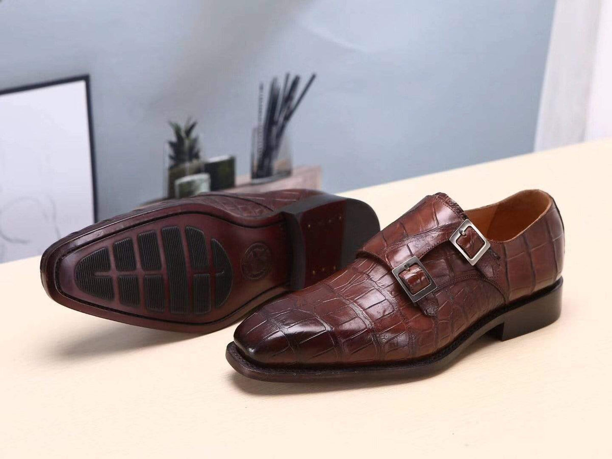 Crocodile Shoes Brown Mens Shoes Crocodile Belly Leather Monk Double Strap Dress Shoes,Goodyear Sole