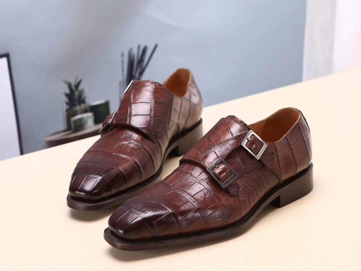 Crocodile Shoes Brown Mens Shoes Crocodile Belly Leather Monk Double Strap Dress Shoes,Goodyear Sole
