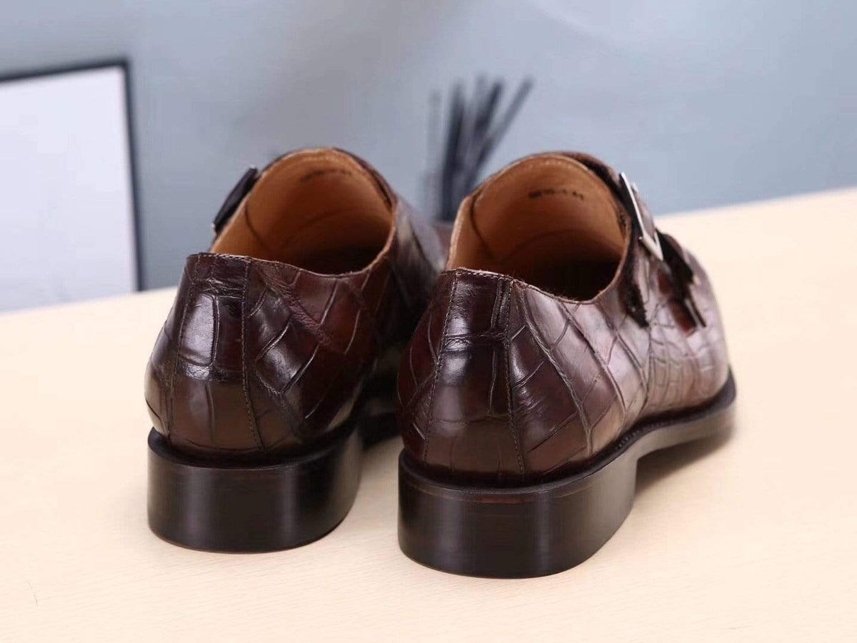 Crocodile Shoes Brown Mens Shoes Crocodile Belly Leather Monk Double Strap Dress Shoes,Goodyear Sole