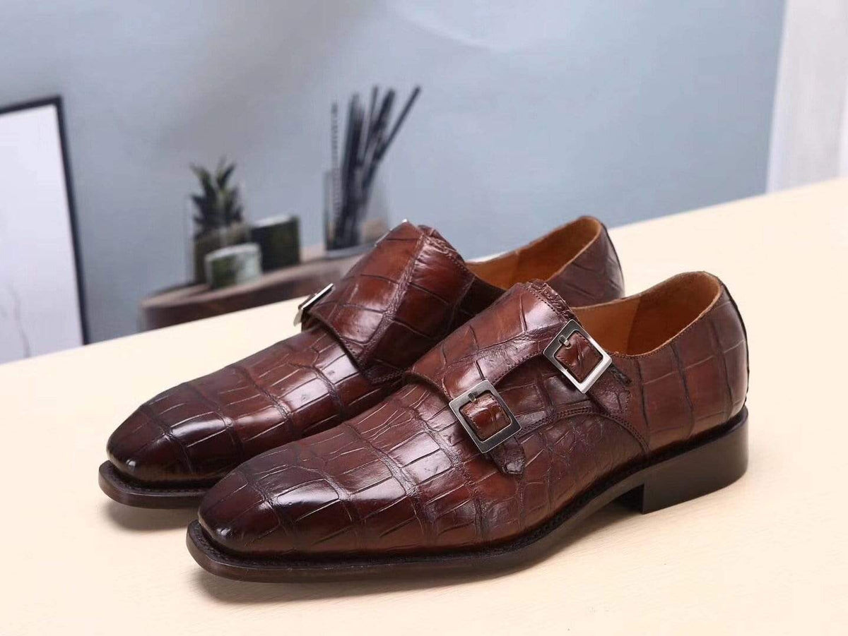 Crocodile Shoes Brown Mens Shoes Crocodile Belly Leather Monk Double Strap Dress Shoes,Goodyear Sole