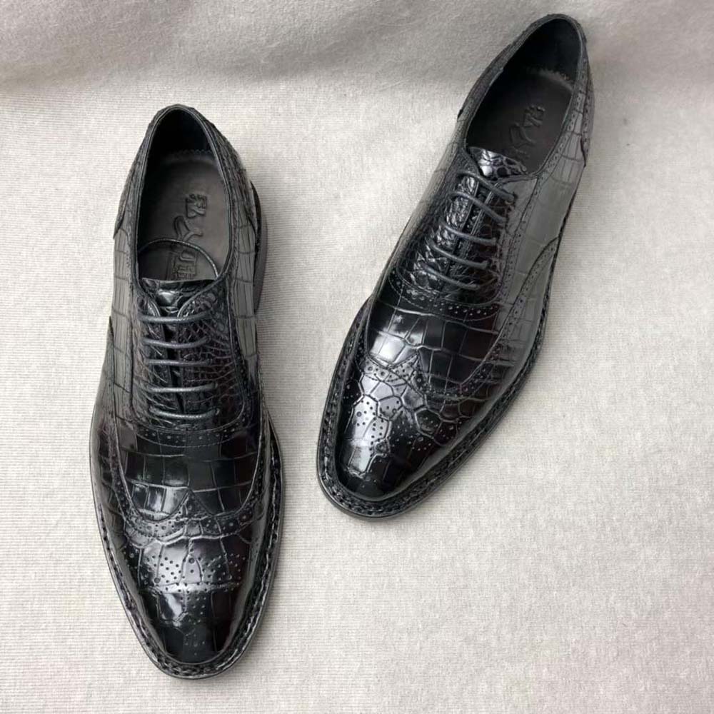 Crocodile Shoes Men's Crocodile Leather Brogue Norwegian Stitch Lace-Up Business Shoes