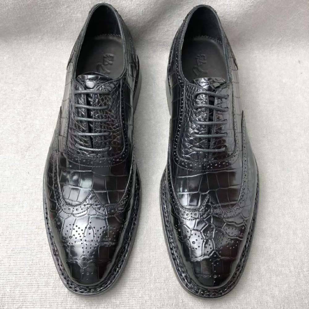 Crocodile Shoes Men's Crocodile Leather Brogue Norwegian Stitch Lace-Up Business Shoes