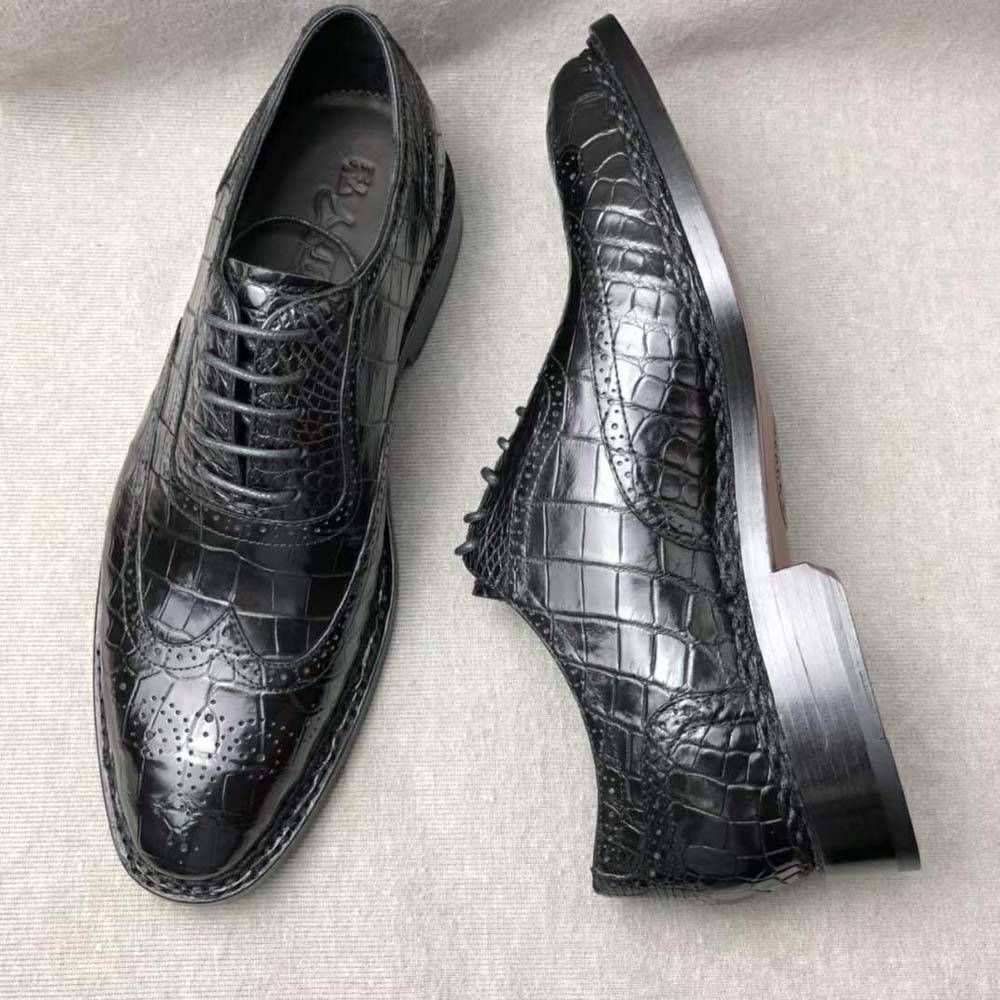 Crocodile Shoes Men's Crocodile Leather Brogue Norwegian Stitch Lace-Up Business Shoes