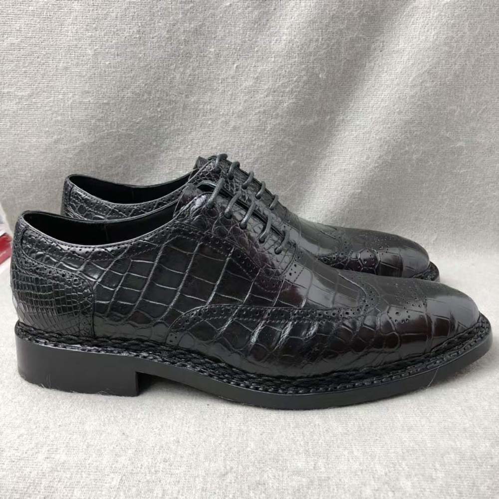 Crocodile Shoes Men's Crocodile Leather Brogue Norwegian Stitch Lace-Up Business Shoes