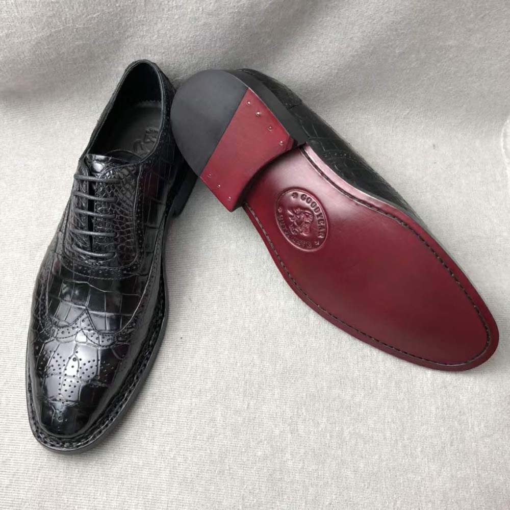 Crocodile Shoes Men's Crocodile Leather Brogue Norwegian Stitch Lace-Up Business Shoes