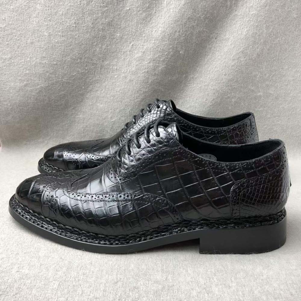 Crocodile Shoes Men's Crocodile Leather Brogue Norwegian Stitch Lace-Up Business Shoes