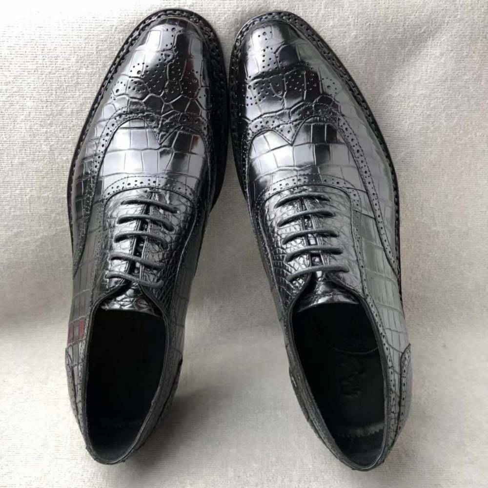 Crocodile Shoes Men's Crocodile Leather Brogue Norwegian Stitch Lace-Up Business Shoes