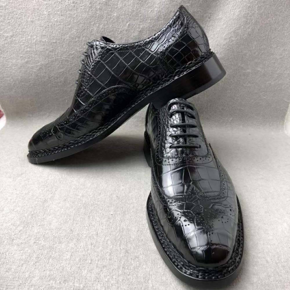 Crocodile Shoes Men's Crocodile Leather Brogue Norwegian Stitch Lace-Up Business Shoes