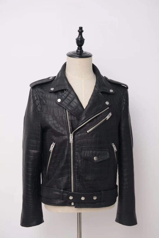 Crocodile Leather Slim Fit Motorcycle Racer Style Leather Jacket For Men & Women