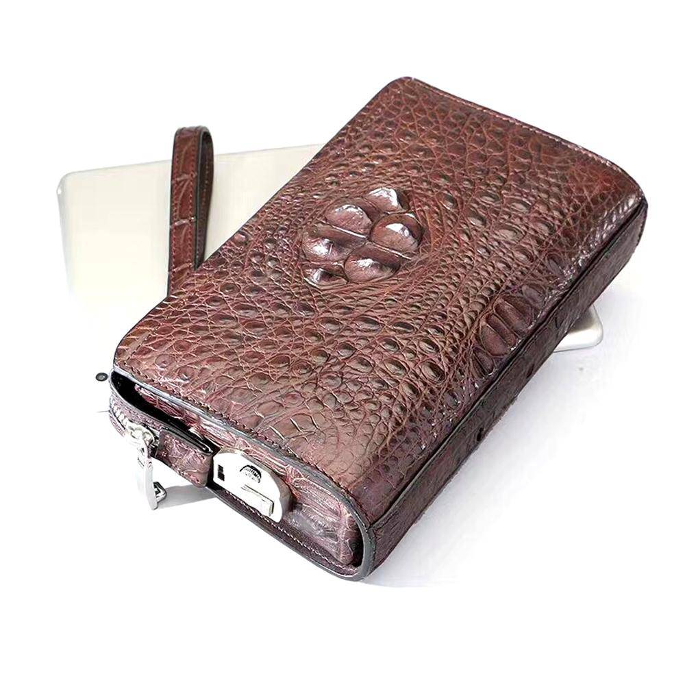 Portafoglio da lavoro in pelle effetto coccodrillo con lucchetto, cinturino da polso, portacarte e pochette per contanti