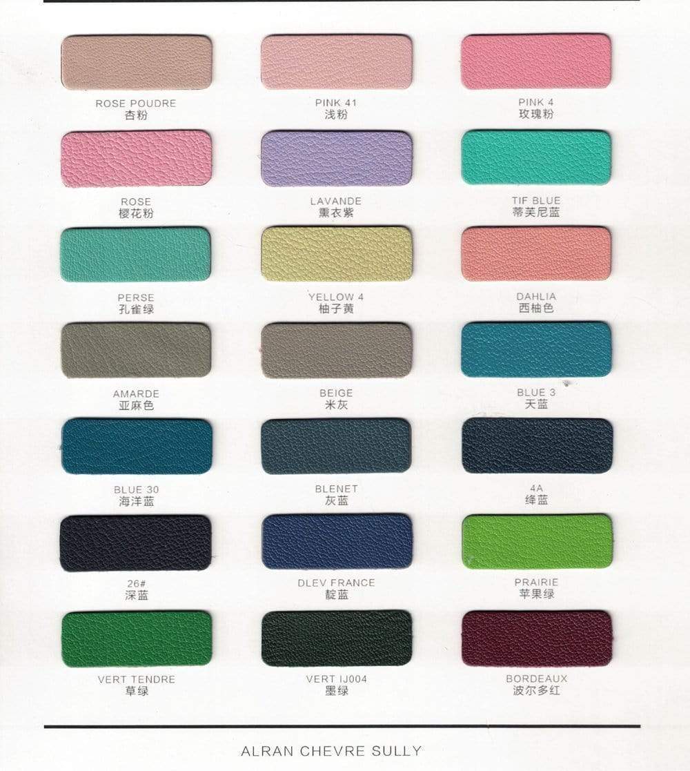 France Alran Chevre leather swatch in various colorways, featuring textured leather suitable for luxury handbags and accessories.