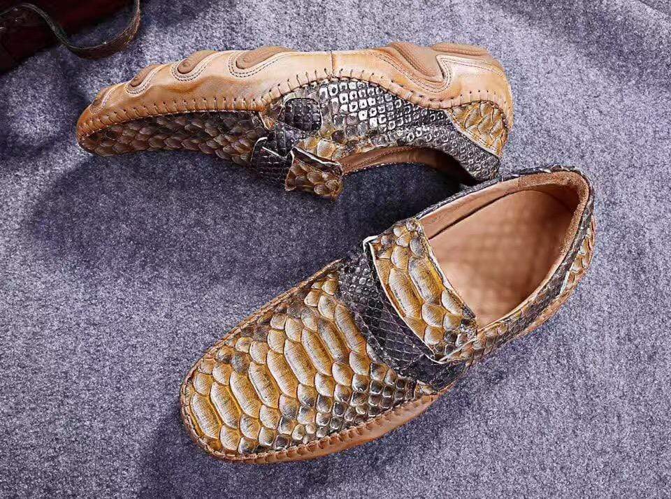 Crocodile Shoes Genuine Python Leather Men's Beige Slip-On Loafer Shoes