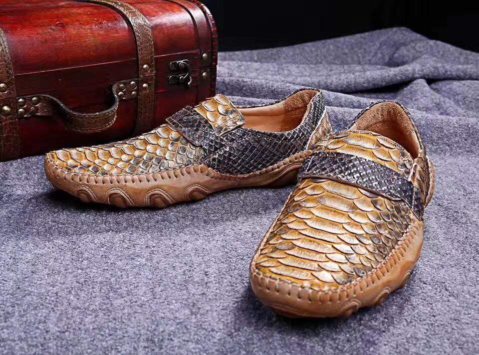Crocodile Shoes Genuine Python Leather Men's Beige Slip-On Loafer Shoes