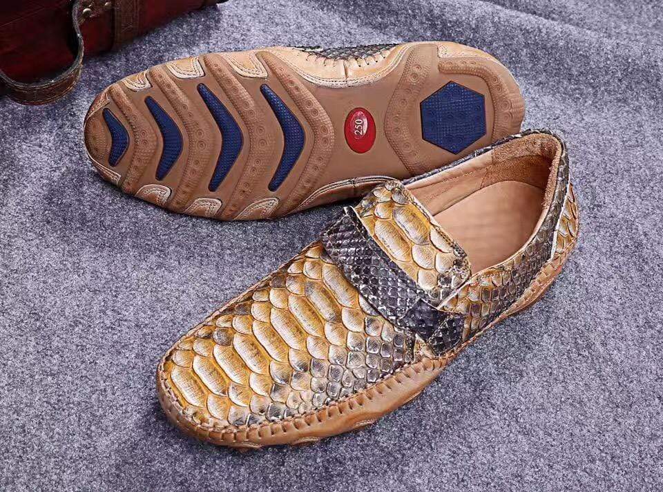 Crocodile Shoes Genuine Python Leather Men's Beige Slip-On Loafer Shoes