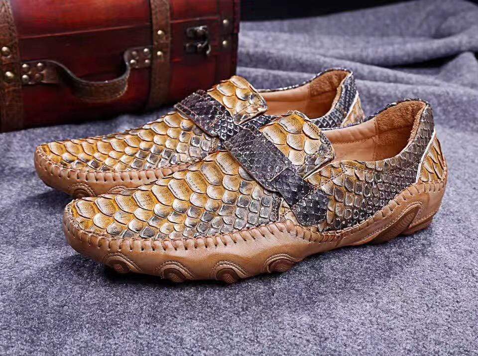 Crocodile Shoes Genuine Python Leather Men's Beige Slip-On Loafer Shoes