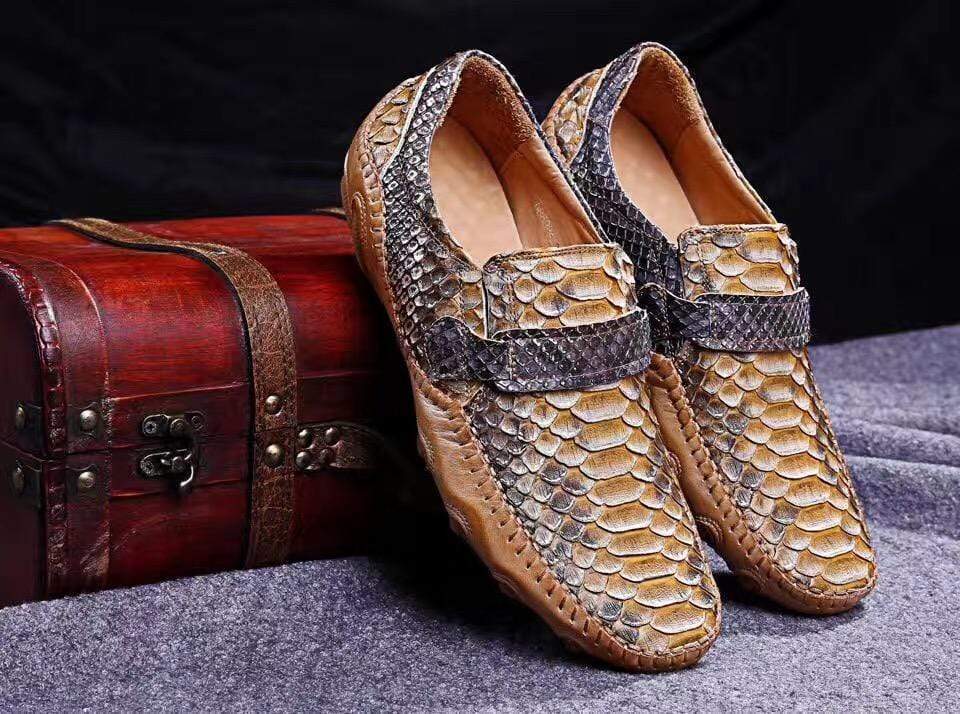 Crocodile Shoes Genuine Python Leather Men's Beige Slip-On Loafer Shoes