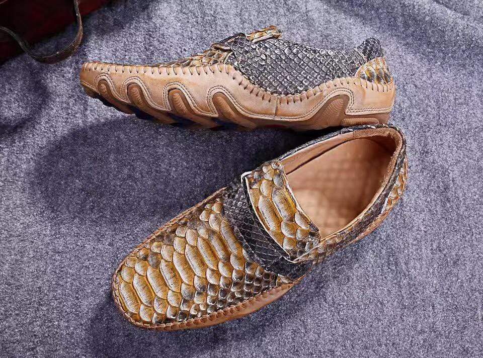 Crocodile Shoes Genuine Python Leather Men's Beige Slip-On Loafer Shoes