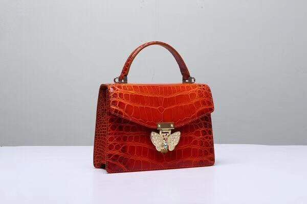 Genuine Crocodile Leather Top Handle Cross Body Bag Vintage Red