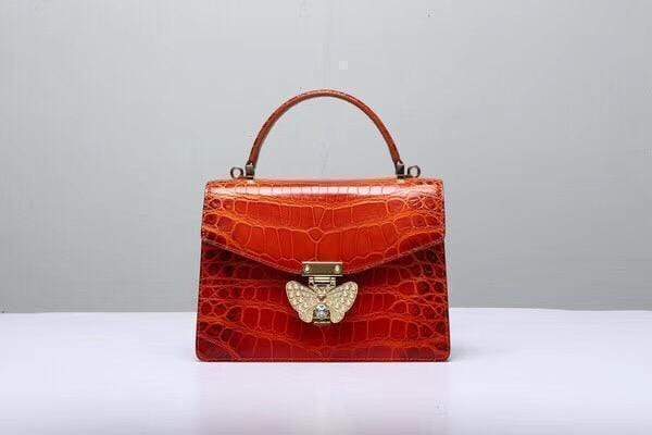 Genuine Crocodile Leather Top Handle Cross Body Bag Vintage Red