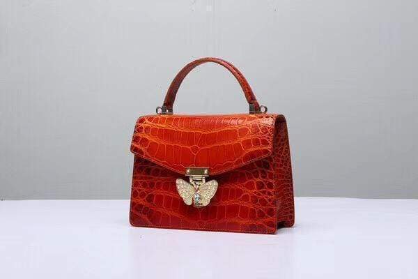 Genuine Crocodile Leather Top Handle Cross Body Bag Vintage Red