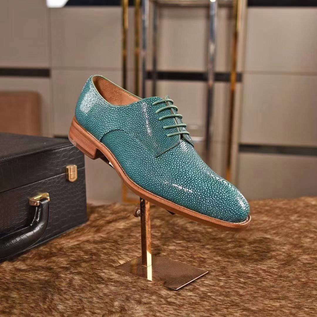 Genuine Pearl Stingray Leather Mens Wingtip Formal Lace up Wedding Office Shoes Green