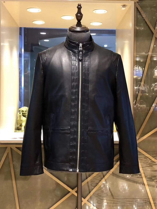 Lambskin Leather With Crocodile Belly Leather Trim Biker Bomber Jacket For Men
