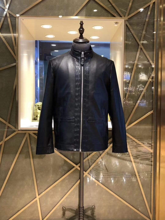 Lambskin Leather With Crocodile Belly Leather Trim Biker Bomber Jacket For Men