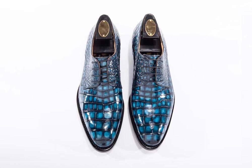 Crocodile Shoes Goodyear Welted Handmade Men Crocodile Leather Lace-Up Shoes,Teal Blue Mens Dress shoes