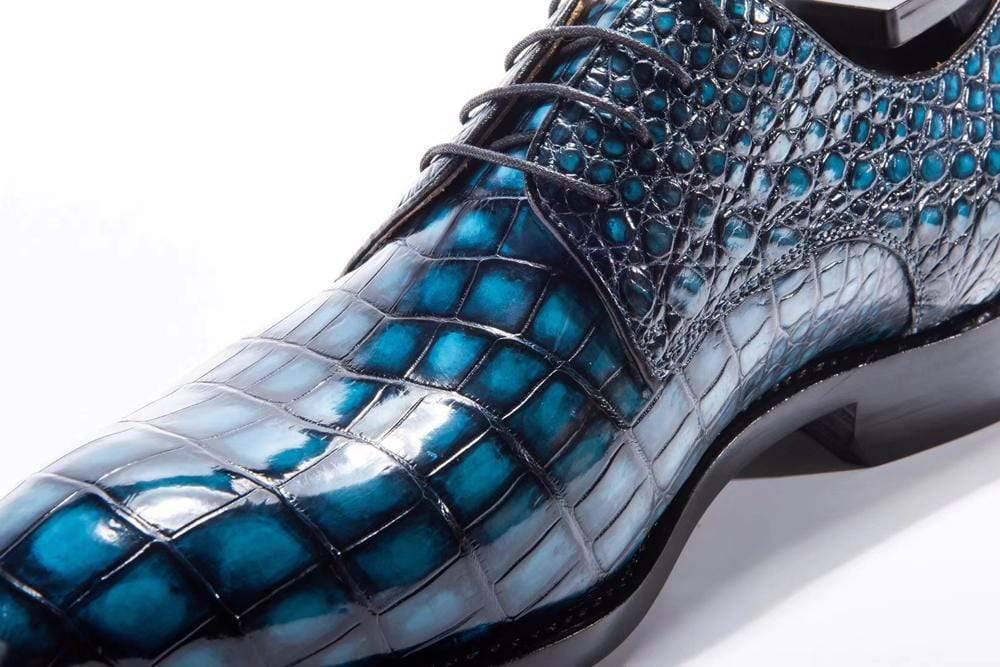 Crocodile Shoes Goodyear Welted Handmade Men Crocodile Leather Lace-Up Shoes,Teal Blue Mens Dress shoes