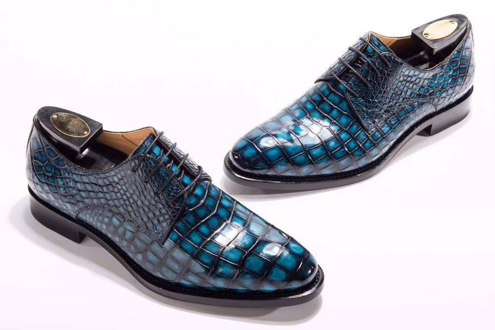 Crocodile Shoes Goodyear Welted Handmade Men Crocodile Leather Lace-Up Shoes,Teal Blue Mens Dress shoes
