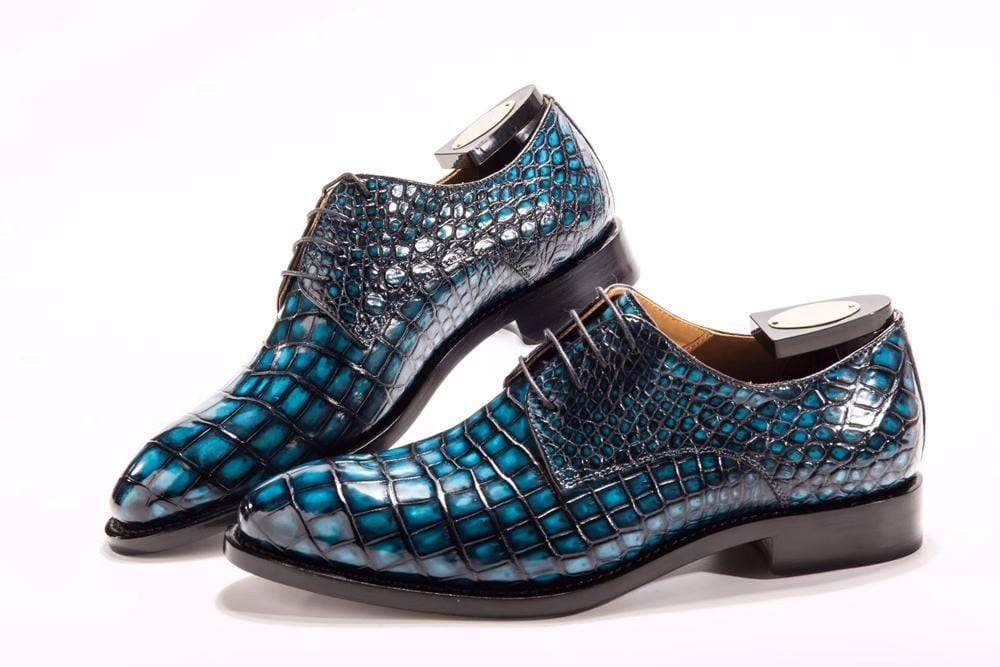 Crocodile Shoes Goodyear Welted Handmade Men Crocodile Leather Lace-Up Shoes,Teal Blue Mens Dress shoes