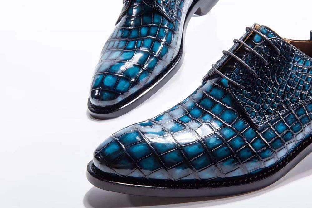 Crocodile Shoes Goodyear Welted Handmade Men Crocodile Leather Lace-Up Shoes,Teal Blue Mens Dress shoes
