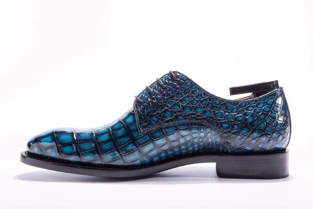 Crocodile Shoes Goodyear Welted Handmade Men Crocodile Leather Lace-Up Shoes,Teal Blue Mens Dress shoes