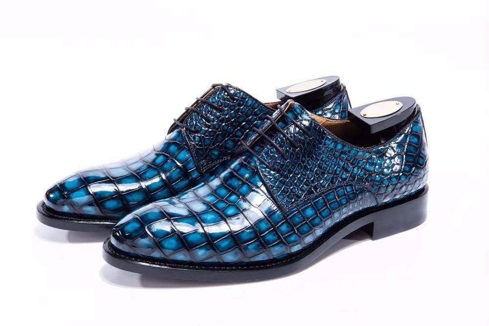 Crocodile Shoes Goodyear Welted Handmade Men Crocodile Leather Lace-Up Shoes,Teal Blue Mens Dress shoes