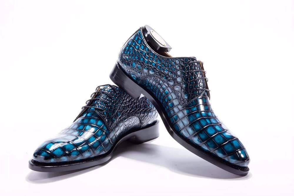 Crocodile Shoes Goodyear Welted Handmade Men Crocodile Leather Lace-Up Shoes,Teal Blue Mens Dress shoes