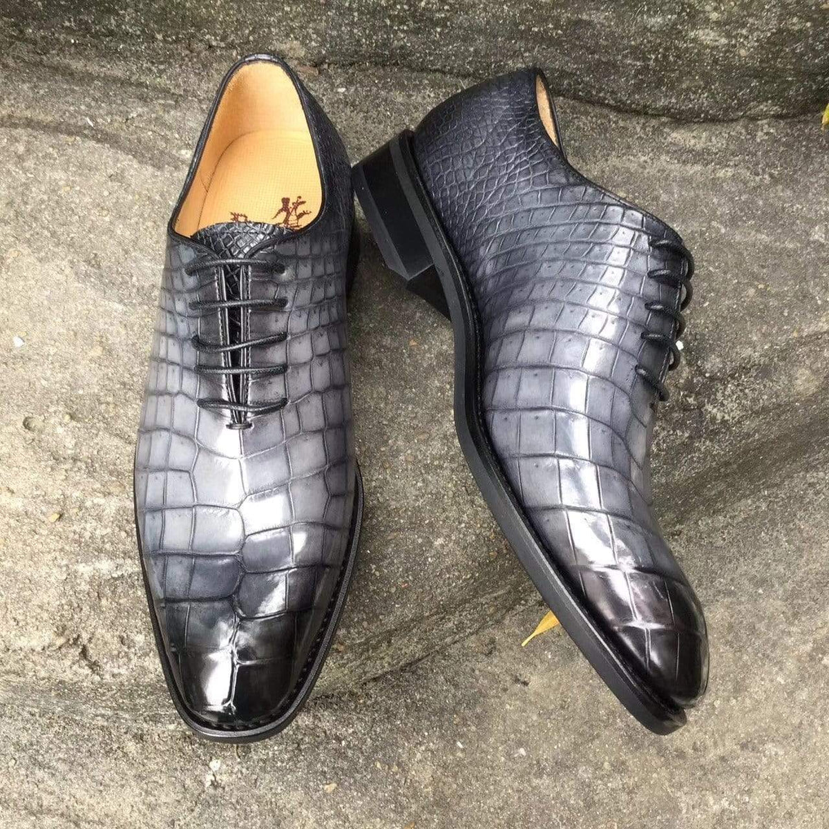 Crocodile Shoes Men s Crocodile Leather Shoes Grey Lace-Up Shoes ,Goodyear Sole