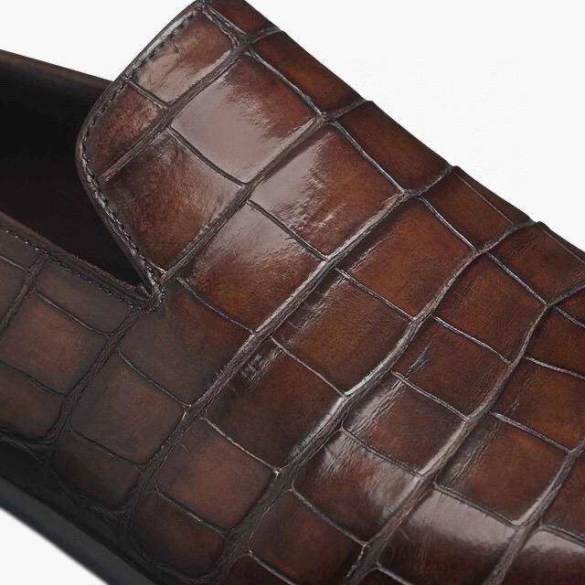 Mocassini da uomo in pelle di coccodrillo autentica, slip-on casual eleganti, marrone vintage