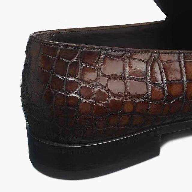 Scarpe da uomo Crocodile Shoes penny loafer in vera pelle di coccodrillo, slip-on casual eleganti marrone vintage