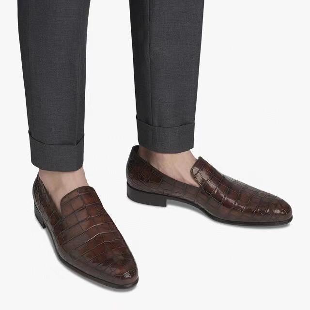 Crocodile Shoes, mocassini penny da uomo in vera pelle di coccodrillo, slip-on casual eleganti marrone vintage