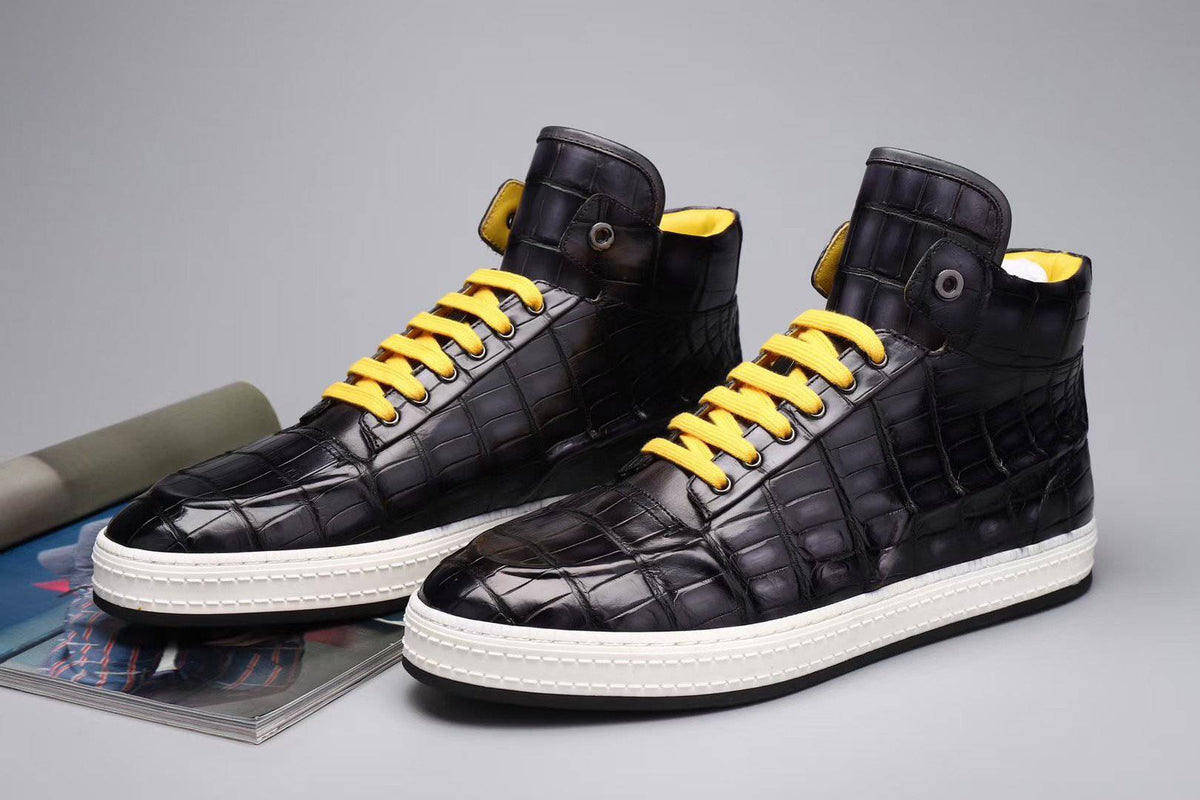 Crocodile Shoes Sneakers da uomo, sneakers con tacco alto in vera pelle di coccodrillo grigie,marroni