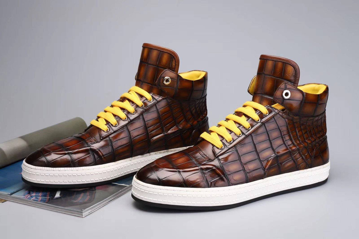 Cuciture da uomo in pelle di coccodrillo, sneakers con tacco alto in vera pelle di coccodrillo grigie,marroni