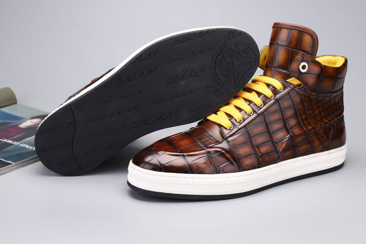 Crocodile Shoes Sneakers da uomo, sneakers con tacco alto in vera pelle di coccodrillo, grigio,marrone