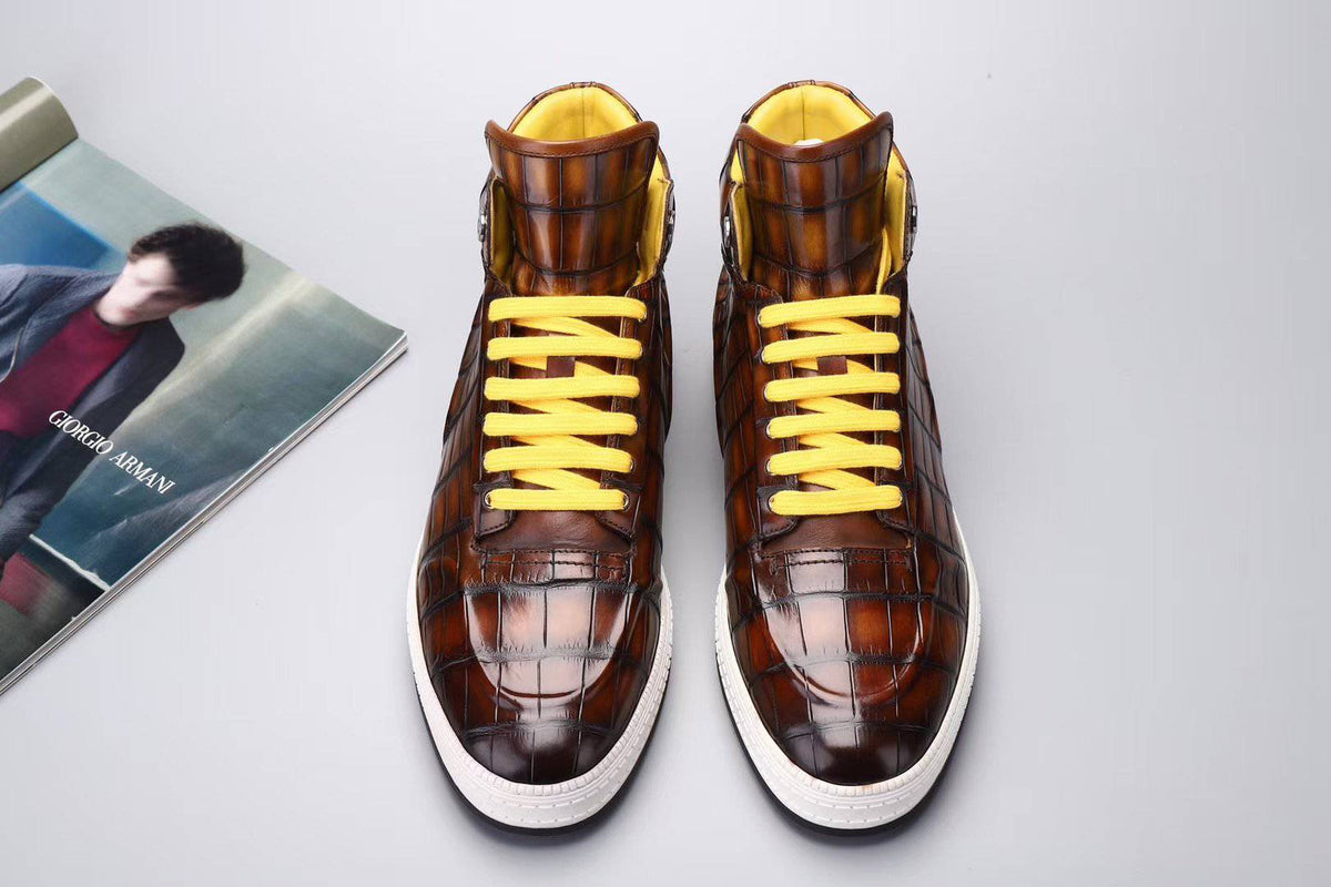Sneakers da uomo in pelle di coccodrillo autentica, sneakers con tacco alto grigie e marroni