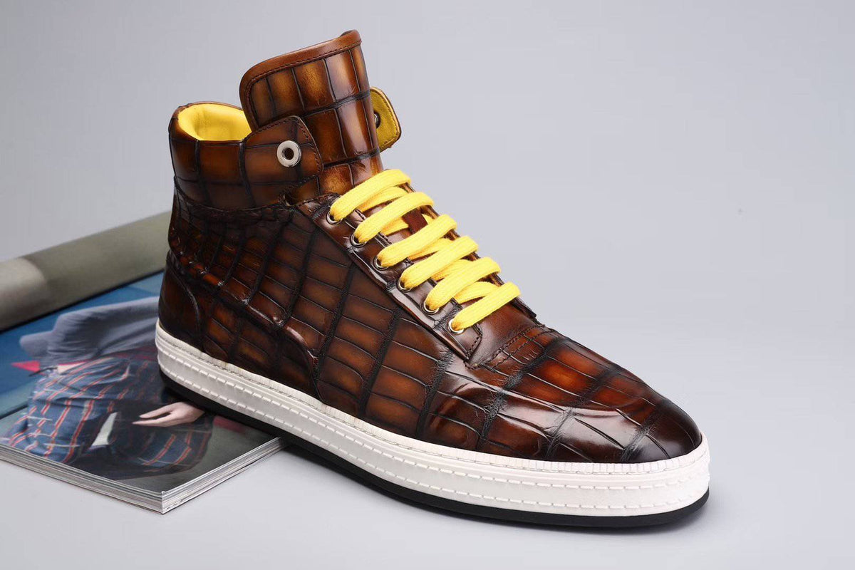 Crocodile Shoes Sneakers da uomo, sneakers con tacco alto in vera pelle di coccodrillo Grigio,Marrone