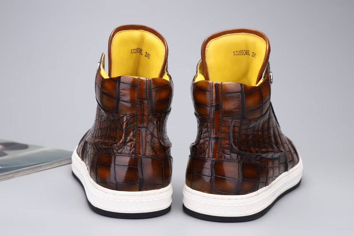 Sneakers da uomo in pelle di coccodrillo autentica con tacco alto, grigie e marroni