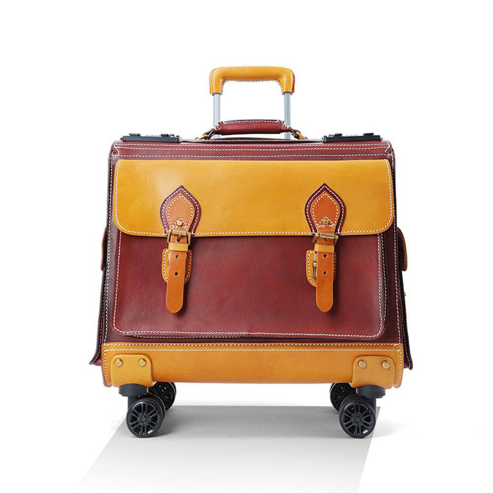 Unisex 23" Genuine Vegetable Tanned Leather Rolling Duffle Bag Trolley Wheeled Carry On Luggage Suitcase Tote