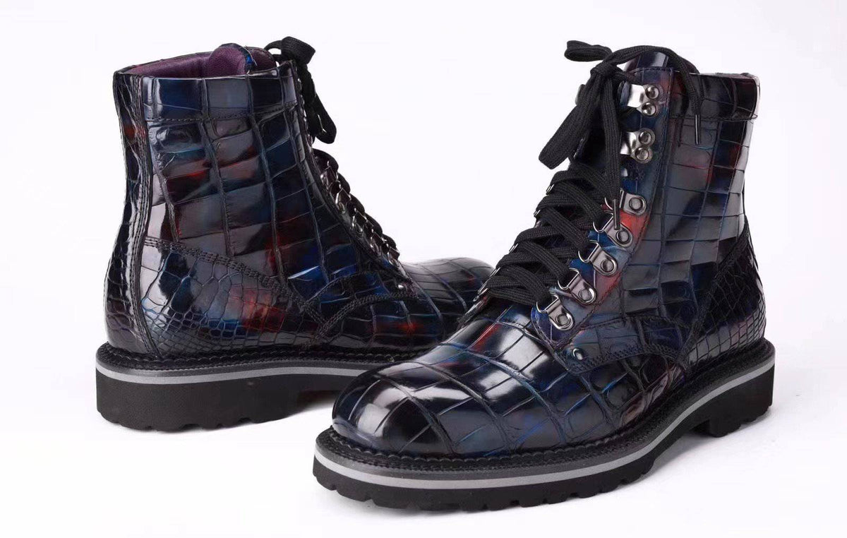 Crocodile Shoes Mens Boots Genuine Crocodile Leather High-top Lace Up Anti-Slip Boot Vintage Multi Blue