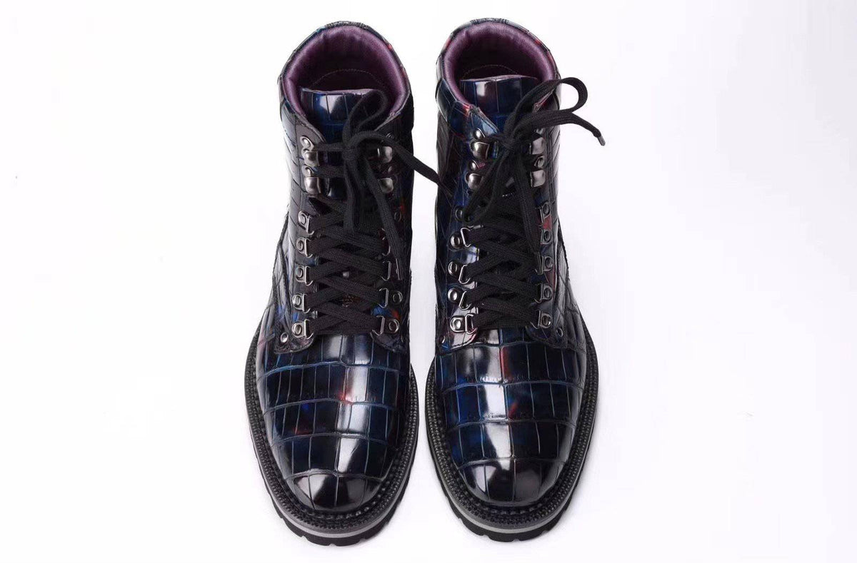 Crocodile Shoes Mens Boots Genuine Crocodile Leather High-top Lace Up Anti-Slip Boot Vintage Multi Blue