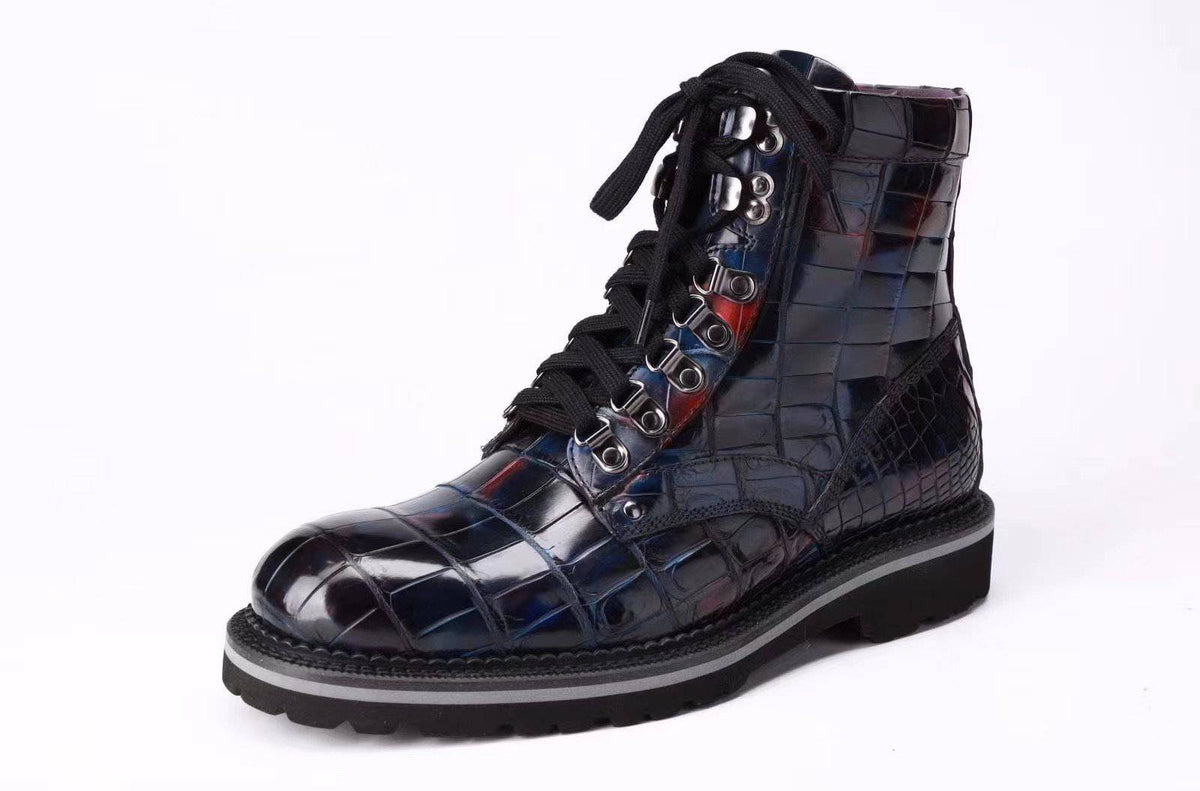 Crocodile Shoes Mens Boots Genuine Crocodile Leather High-top Lace Up Anti-Slip Boot Vintage Multi Blue