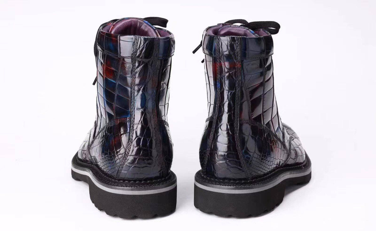 Crocodile Shoes Mens Boots Genuine Crocodile Leather High-top Lace Up Anti-Slip Boot Vintage Multi Blue